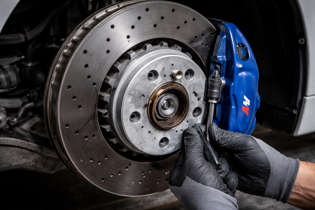 BMW brake pad sensor reset guide showing close-up brake and wheel service area