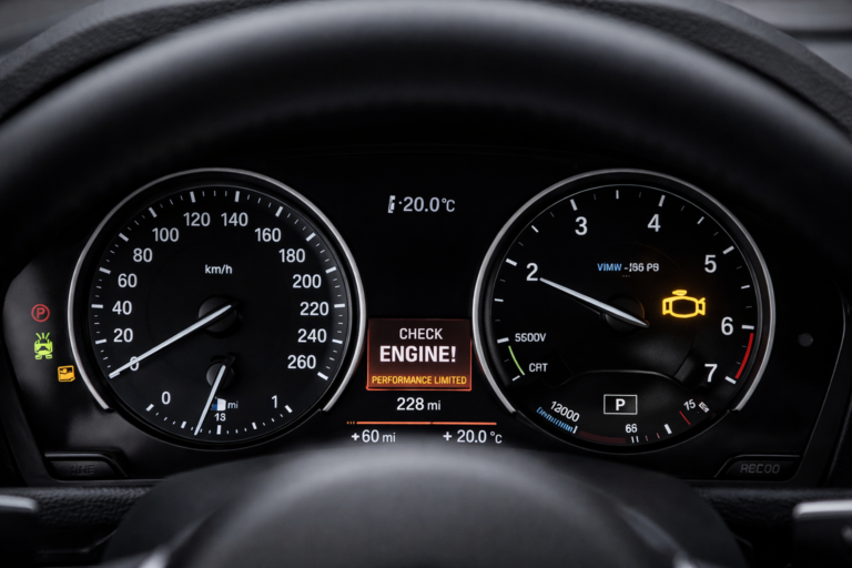BMW check engine light guide showing dashboard warning and instrument cluster