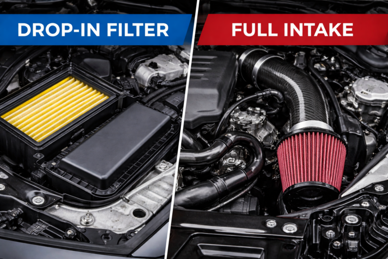BMW intake vs drop-in filter comparison guide showing engine bay and intake setup