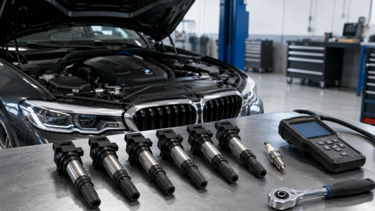 BMW ignition coil replacement cost with ignition coils beside a BMW engine