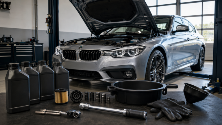 BMW oil change cost with engine oil filter and tools beside a BMW