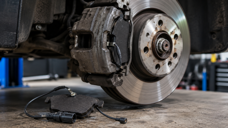 BMW brake pad wear sensor beside brake pad and rotor