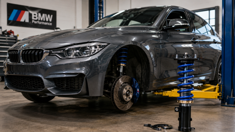 BMW coilover suspension installed on a street-driven BMW in a performance workshop
