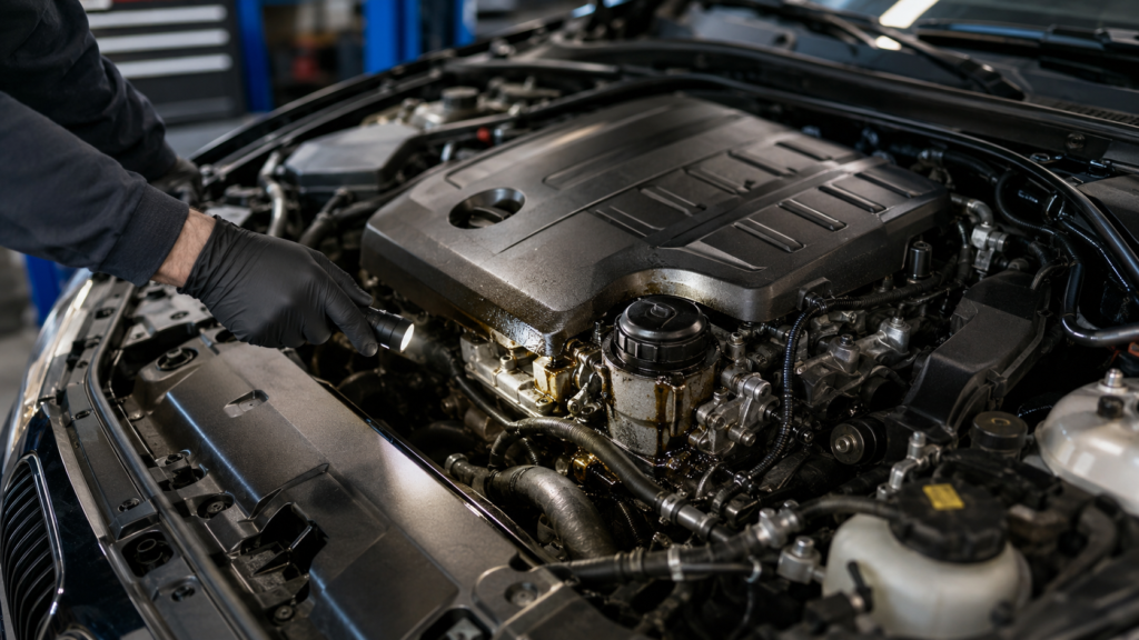 BMW engine being inspected for an oil leak