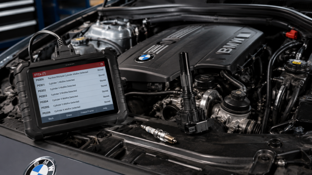 BMW engine being diagnosed for P0300 through P0306 misfire codes