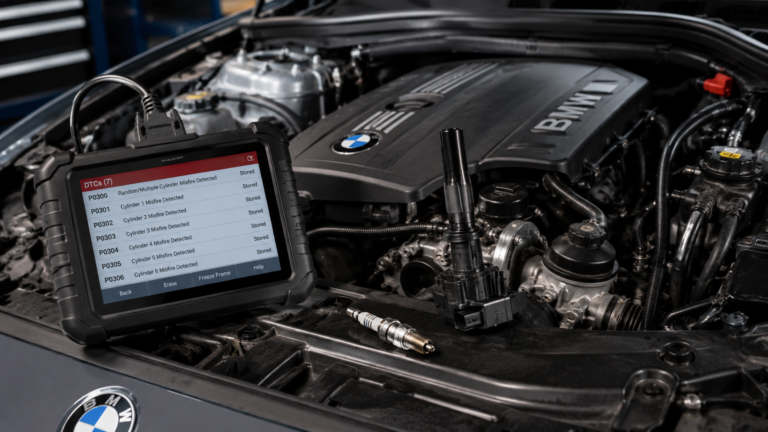 BMW engine being diagnosed for P0300 through P0306 misfire codes