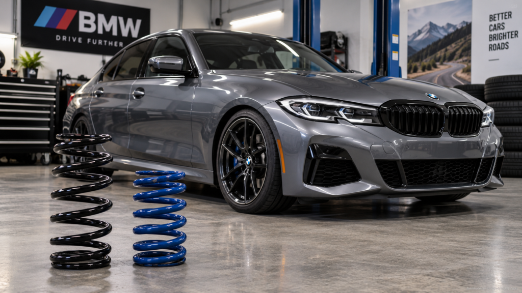 BMW lowering springs compared with factory springs beside a lowered BMW in a performance workshop