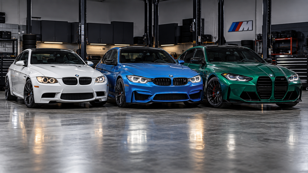 BMW E92, F80 and G80 M3 generations parked together in a performance workshop