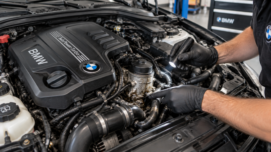 BMW N20 engine being inspected for an oil leak around the valve cover and oil filter housing