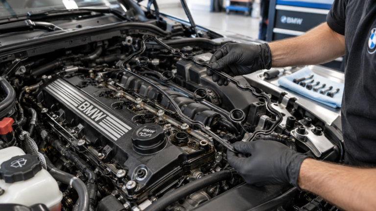 BMW valve cover and gasket being inspected during an oil leak repair in a workshop