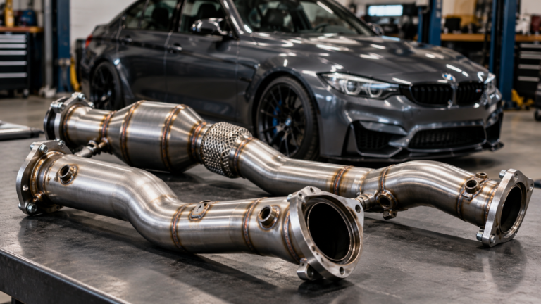 Stainless-steel catted downpipes displayed in a workshop with a BMW M3 in the background.
